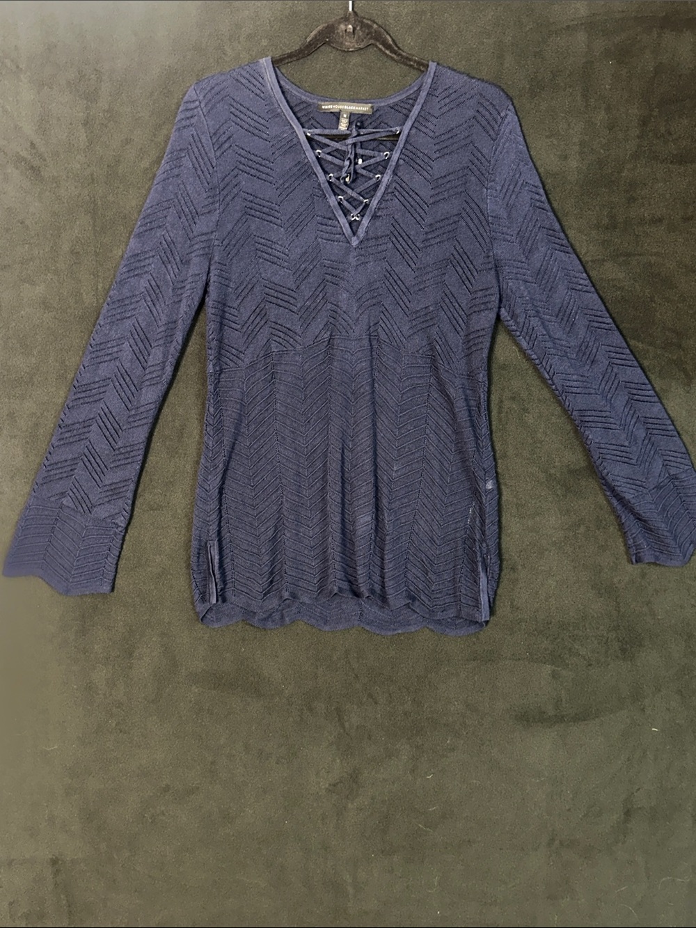 White House Black Market Navy Lace-Up Chevron Long Sleeve Top